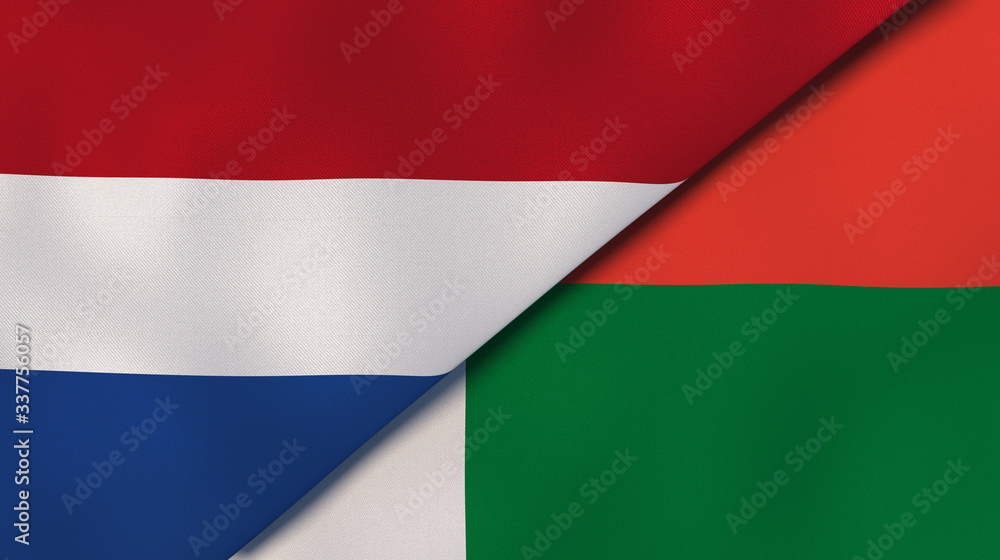 The flags of Netherlands and Madagascar. News, reportage, business background. 3d illustration
