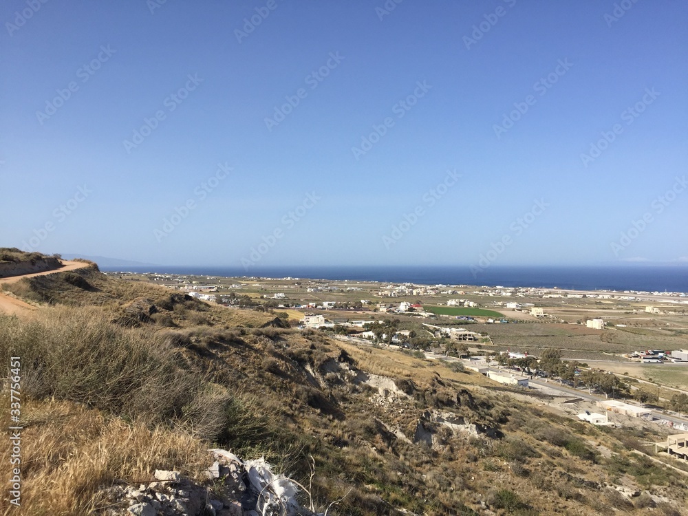Santorini, Greece on the 2nd April 2018 - a wilderness of grass and weeds near the sea in Santorini