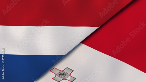The flags of Netherlands and Malta. News, reportage, business background. 3d illustration