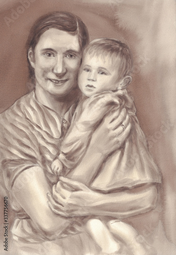 Mother with a baby painted in sepia watercolor