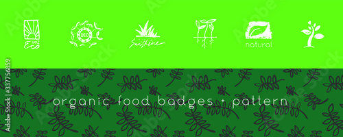 Organic food logo. Healthy eating product icons. Vintage vegan badges with hand-drawn leaves. Trendy vector emblems for bio-agriculture, vegetarian logo, natural cosmetics, eco-friendly label design. 