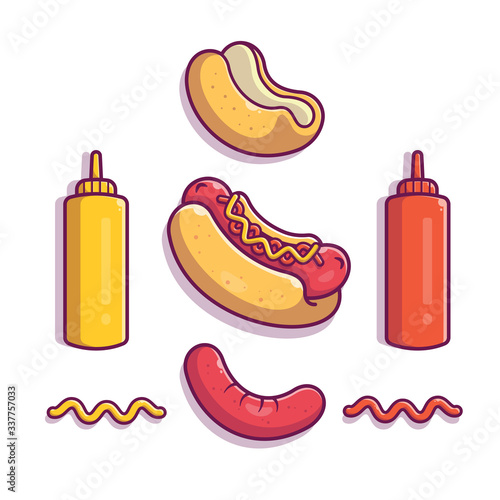 Hotdog Ingredient Elements Vector Icon Illustration. Hotdog Set Element. Fast Food Icon Concept White Isolated. Flat Cartoon Style Suitable for Web Landing Page, Banner, Flyer, Sticker, Card