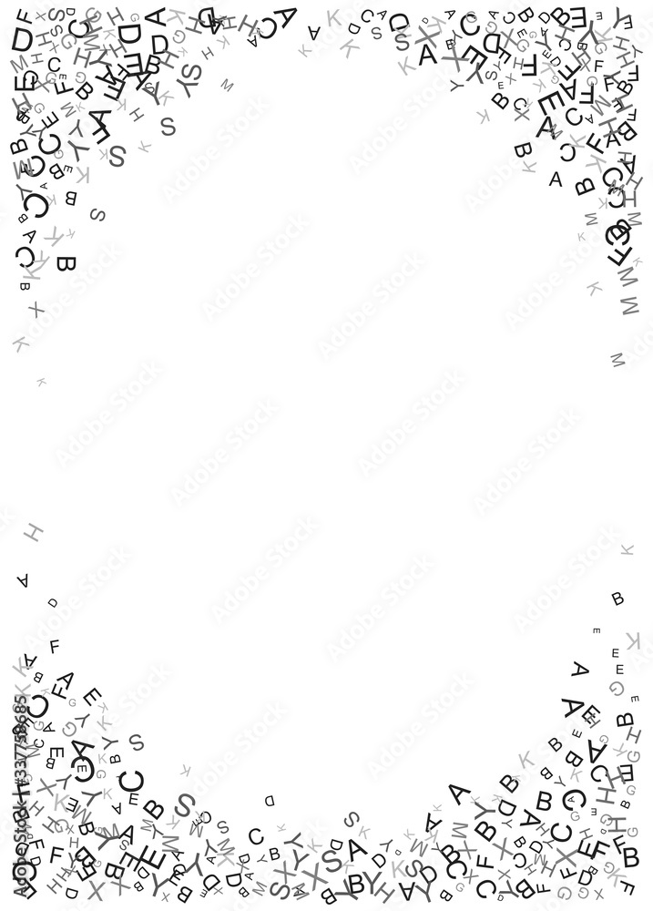 Corners with casual letters fly on white background. Abstract backdrop with alphabet. Random black letters pattern. Circle with mix of chance Latin ABC. Vector illustration, texture for banner design. Corners with casual letters fly on white background. Abstract backdrop with alphabet. Random black letters pattern. Circle with mix of chance Latin ABC. Vector illustration, texture for banner design.