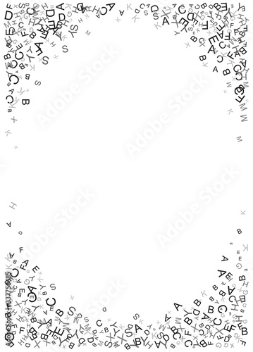 Corners with casual letters fly on white background. Abstract backdrop with alphabet. Random black letters pattern. Circle with mix of chance Latin ABC. Vector illustration, texture for banner design.