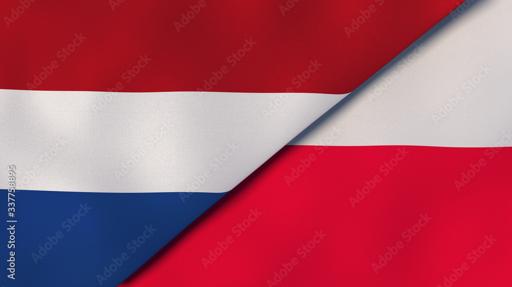 The flags of Netherlands and Poland. News, reportage, business background. 3d illustration