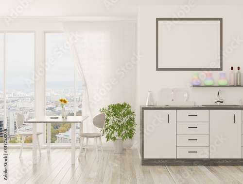 Interior of the kitchen with an empty frame on the wall. White light kitchen with panoramic window. Frame for paintings, advertising, and lettering. 3D rendering.