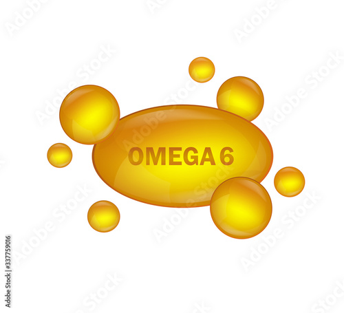 Golden omega 6 on white background. Vector design. Logo design. Logo fish. Isolated vector sign symbol.