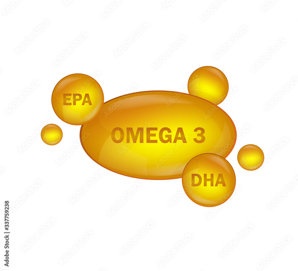 Golden omega 3 on white background. Vector design. Logo design. Logo fish. Isolated vector sign symbol. Golden omega 3 on white background. Vector design. Logo design. Logo fish. Isolated vector sign symbol.