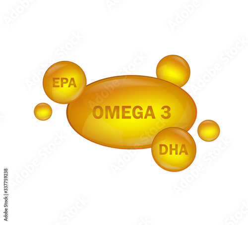 Golden omega 3 on white background. Vector design. Logo design. Logo fish. Isolated vector sign symbol.