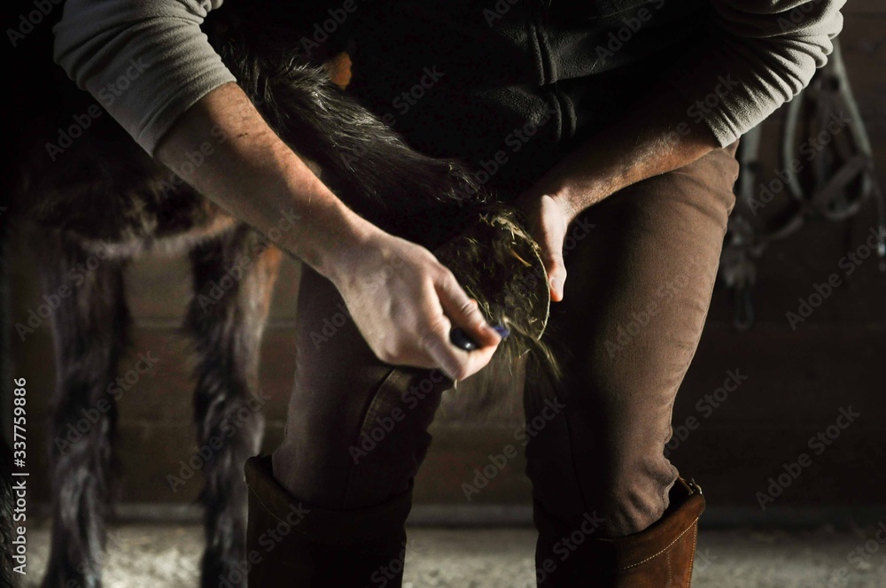 horse hoof cleaning hooves put out dirt by horse breeder jockey