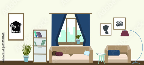 Stay at home. The living room with furniture.There are many things such as books,cabinet, windows,lamps,small trees,sofa, the wall room.The consists of pictures.Flat style vector illustration.