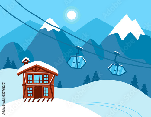 Winter vacation landscape. Mountain ski resort concept scene. Winter time landscape with funiculars, ski lift, mountains, house and snow. Snow time background. Vector flat illustration.
