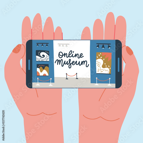 Museum exhibit online concept. Contemporary art gallery. Hands with phone with exibition app on screen. Colorful vector flat illustration with lettering. Home hobby for self isolation.