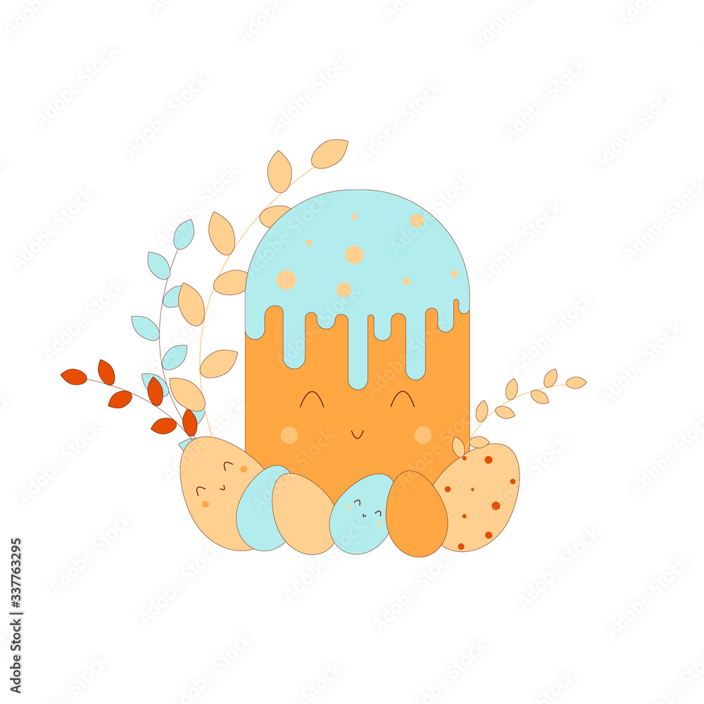 Vector Easter character-cake or Easter bread. Easter eggs, spring flowers on a white isolated background Vector Easter character-cake or Easter bread. Easter eggs, spring flowers on a white isolated background