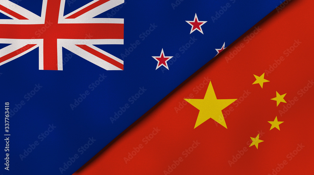 The flags of New Zealand and China. News, reportage, business background. 3d illustration The flags of New Zealand and China. News, reportage, business background. 3d illustration