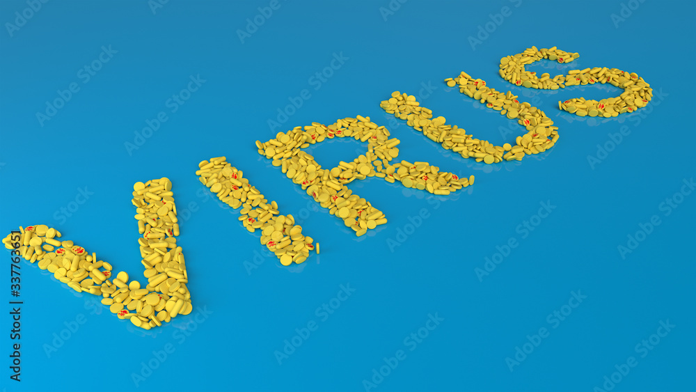 Inscription Virus written from yellow capsules. Many pills compiled on a blue background, 3d rendering