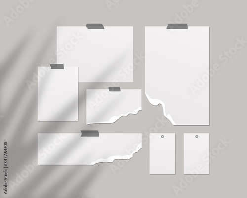 Mood board mockup. Empty sheets of white paper on the wall. Mood board with shadow overlay. Mockup vector isolated. Template design. Realistic vector illustration.