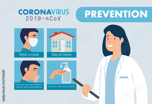 doctor female with preventions of coronavirus 2019 ncov vector illustration design
