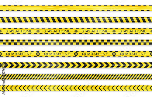 Realistic black and yellow seamless Covid-19 warning stripe lines isolated. Stop, Police, Warning, Danger, Quarantine, Under Construction, Do not cross concept. Crime isolation border tapes. Vector © boxerx