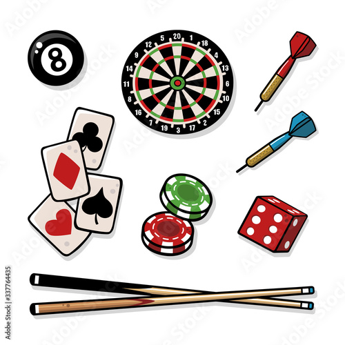Vector drawings of cute leisure game elements. Includes an 8 ball, a dart board, playing cards, poker chips, a dice, two darts and pool cues. Isolated on white with a black outline.