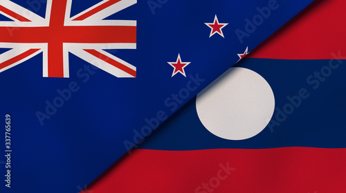 The flags of New Zealand and Laos. News, reportage, business background. 3d illustration photo