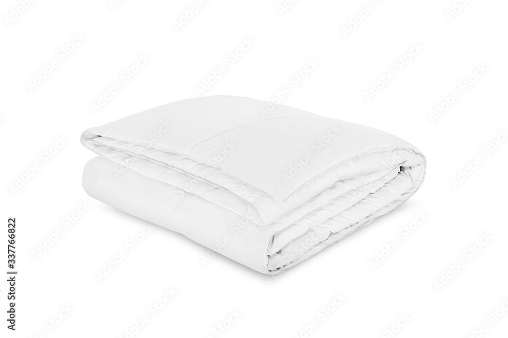 Folded soft white blanket, bedspread or duvet for a comfortable sleep. White blanket folded on a white background. Fabric structure. 3D blanket model. Comfortable sleep. Close up photo Folded soft white blanket, bedspread or duvet for a comfortable sleep. White blanket folded on a white background. Fabric structure. 3D blanket model. Comfortable sleep. Close up photo
