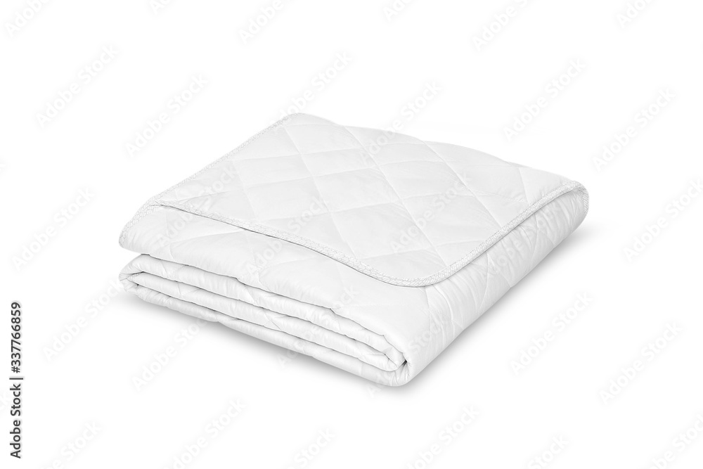 Folded soft white blanket, bedspread or duvet for a comfortable sleep. White blanket folded on a white background. Fabric structure. 3D blanket model. Comfortable sleep. Close up photo Folded soft white blanket, bedspread or duvet for a comfortable sleep. White blanket folded on a white background. Fabric structure. 3D blanket model. Comfortable sleep. Close up photo