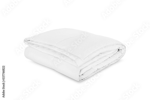 Folded soft white blanket, bedspread or duvet for a comfortable sleep. White blanket folded on a white background. Fabric structure. 3D blanket model. Comfortable sleep. Close up photo