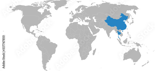 Thailand  china countries highlighted on world map. Light gray background. Business  bilateral trade relations and travel.