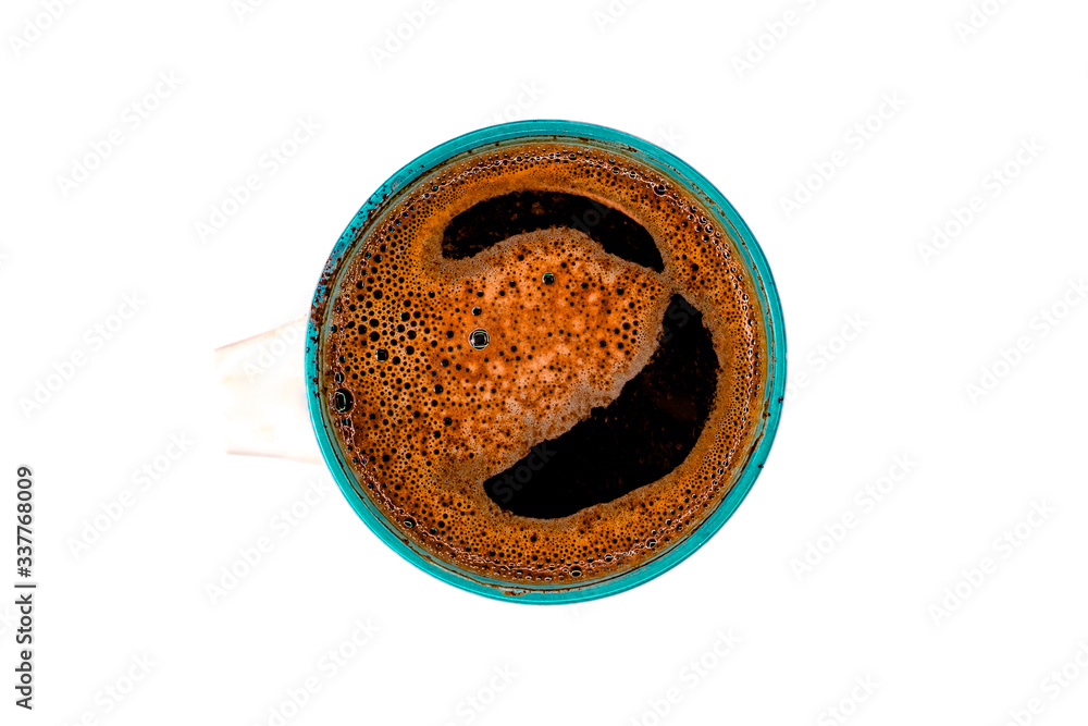 coffee mug with hot black coffee, top view on white background