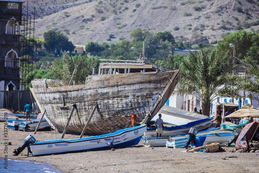 Tadjoura, Djibouti - November 09, 2019: Colorful Boats in the Tadjoura Bay Water Tadjoura, Djibouti - November 09, 2019: Colorful Boats in the Tadjoura Bay Water