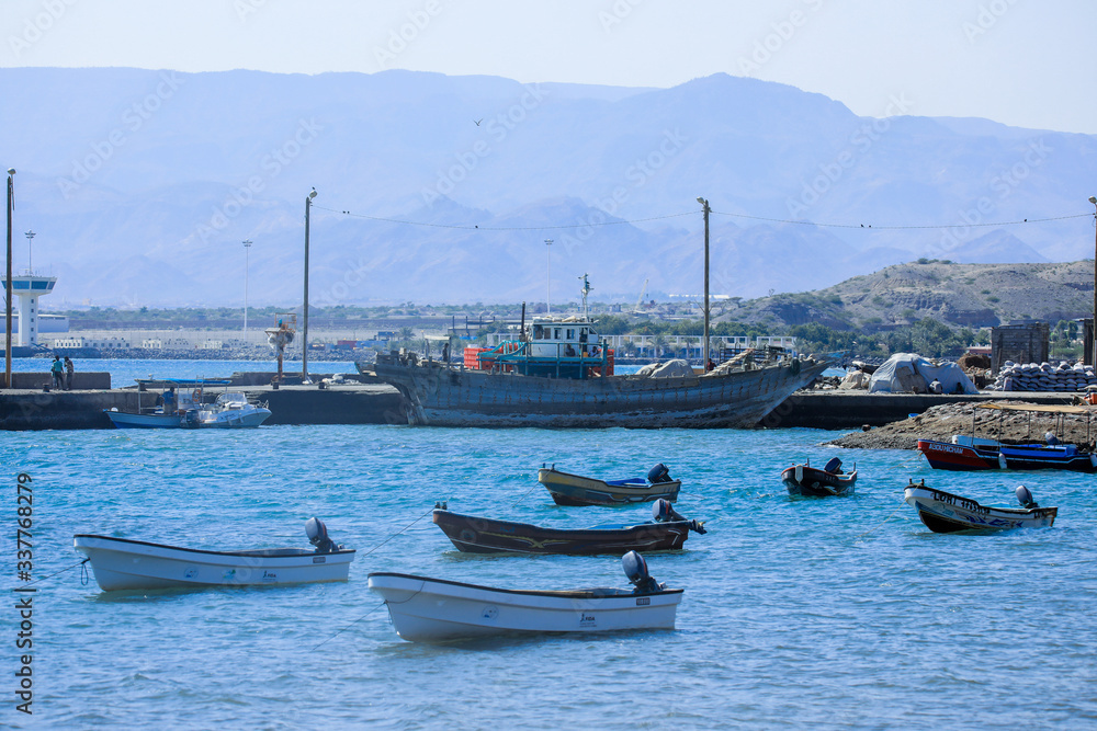 Tadjoura, Djibouti - November 09, 2019: Colorful Boats in the Tadjoura Bay Water