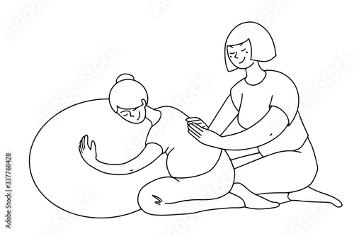 Doula support instead partner pregnant woman. help physical and emotional labour and birth to go smoothly. black and white vector line style illustration