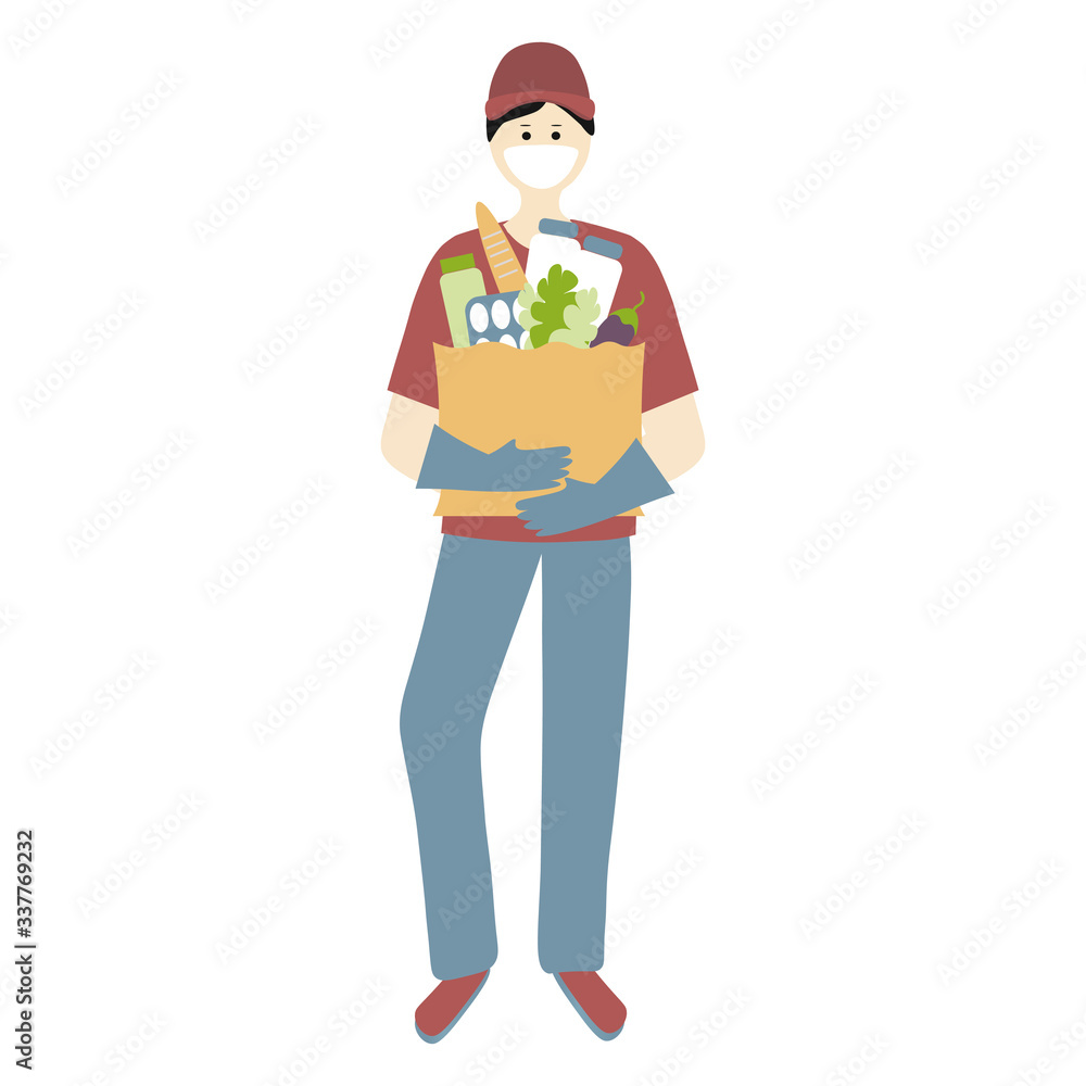 Contactless Delivery of food concept. Coronavirus, covid-19. Courier, Delivery man wearing a medical mask and with food box Contactless Delivery of food concept. Coronavirus, covid-19. Courier, Delivery man wearing a medical mask and with food box