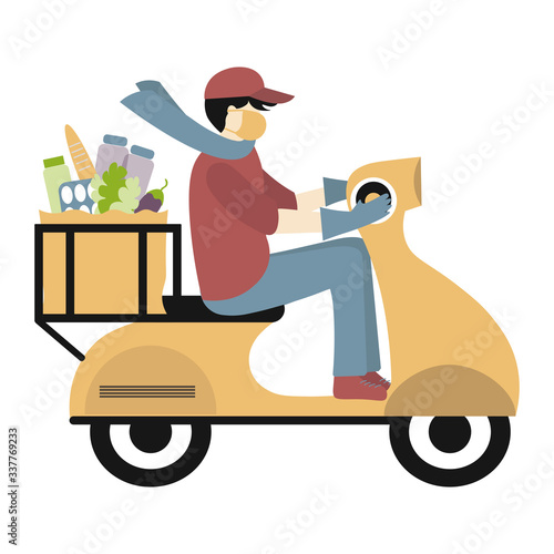 Contactless Delivery of food concept. Coronavirus, covid-19. Delivery man, courier on a moped  wearing a medical mask carries a delivery