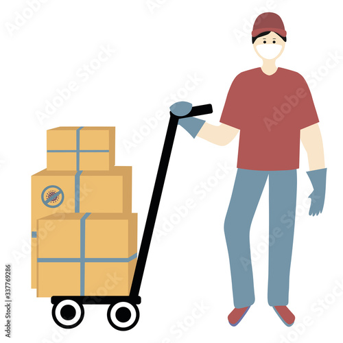  Contactless Delivery  concept set. Coronavirus, covid-19. Courier delivers shopping cartons,  courier with a box trolley