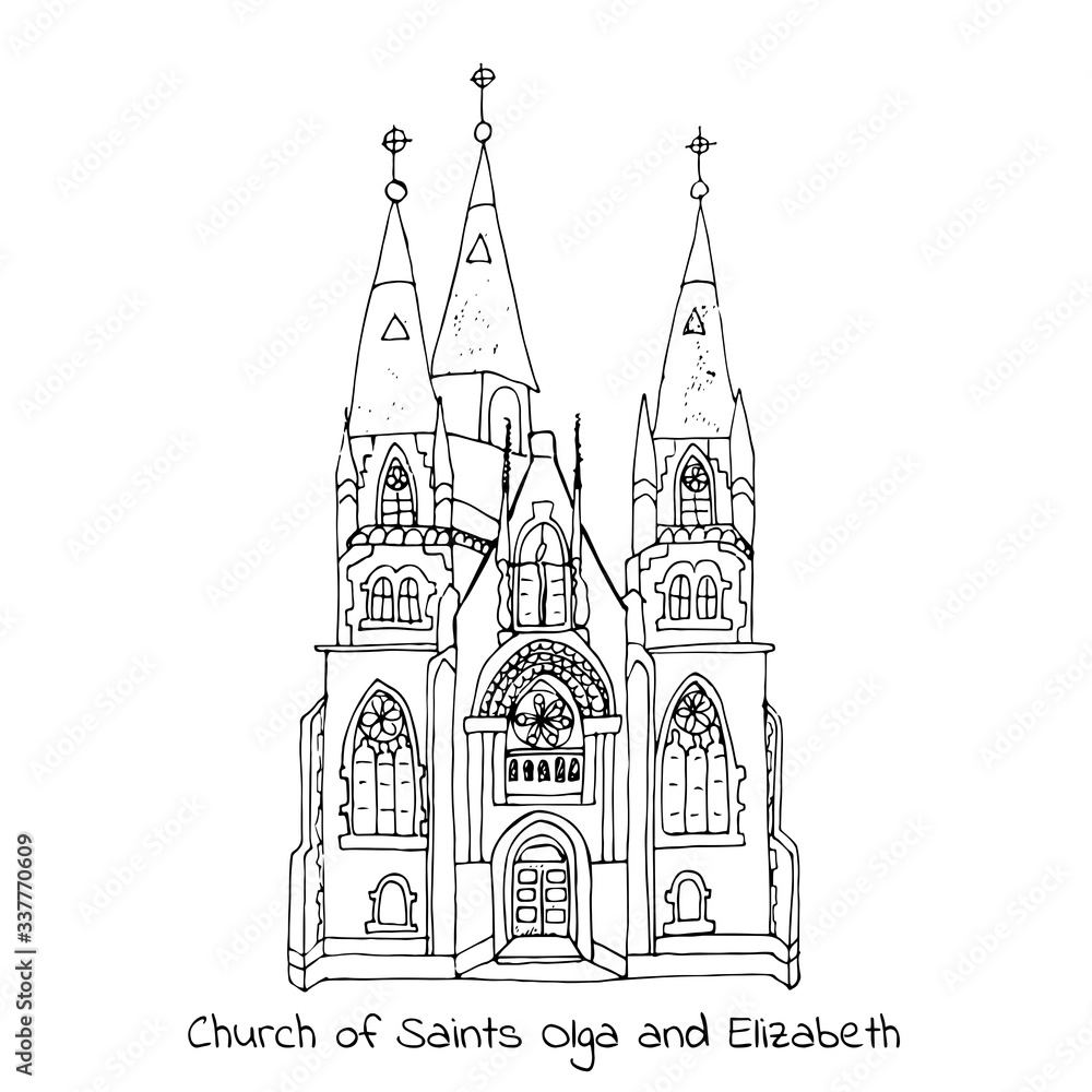 Church of Saints Olga and Elizabeth Lviv Ukraine. Vector architectural doodle outline isolated on white background. Historical sights of the Ukrainian people.