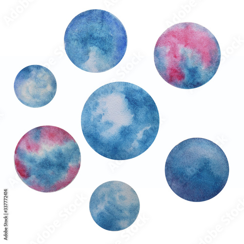 Set of cosmic blue planets. Planets are composed of cyan and purple substances. Watercolor drawing of a fantastic space object. Aquarelle illustration isolated on white.