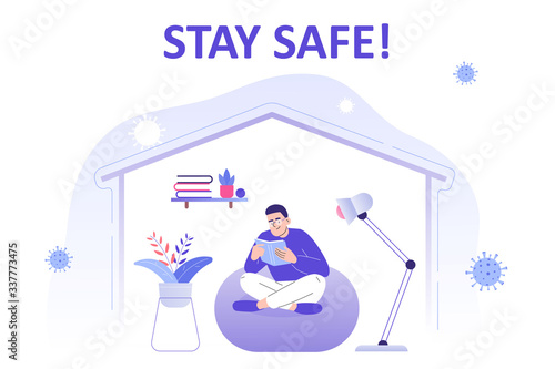 COVID-19 protection concept. Young man reading a book at home. Social distancing and self-isolation during coronavirus quarantine. Stay home, stay safe. Prevention of outbreak. Vector illustration