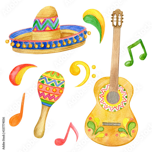 Watercolor illustration of mexican traditional holiday symbols. Mexico, cinco de mayo icons set. Guitar, sombrero, maracas isolated on white background. 