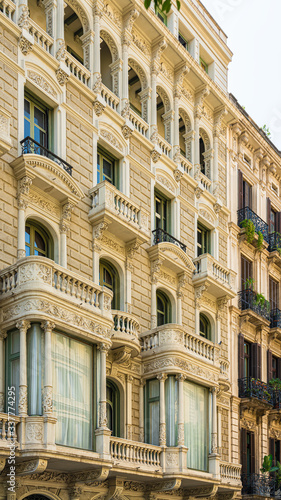 Beautiful Details Of Vintage Facade Building Architecture In City Of Barcelona, Spain