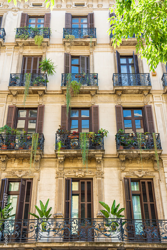 Beautiful Details Of Vintage Facade Building Architecture In City Of Barcelona, Spain