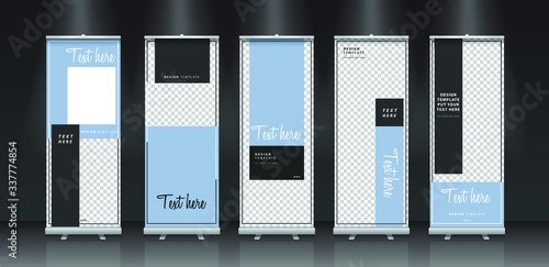 Blank promotion counter, Roll up banner stand, Booth template on a white background.