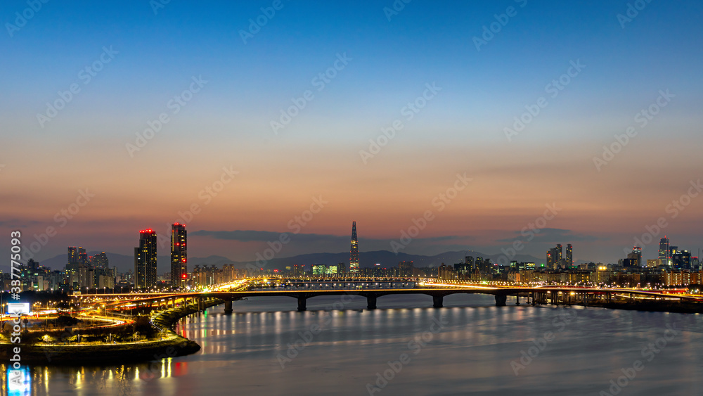 Twilight and cityscape of Seoul,Hangang river and Lotte tower best landmark in Seoul,South Korea