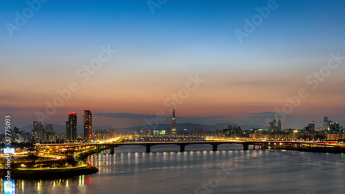 Twilight and cityscape of Seoul Hangang river and Lotte tower best landmark in Seoul South Korea