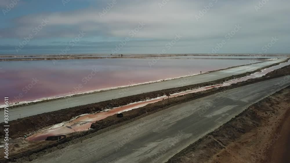 4K aerial drone video of salt works factory wide pink salty water evaporation ponds, in outskirts of coastal harbour town Walvis Bay, Namib Desert, Atlantic Ocean west coast, Namibia, southern Africa 4K aerial drone video of salt works factory wide pink salty water evaporation ponds, in outskirts of coastal harbour town Walvis Bay, Namib Desert, Atlantic Ocean west coast, Namibia, southern Africa