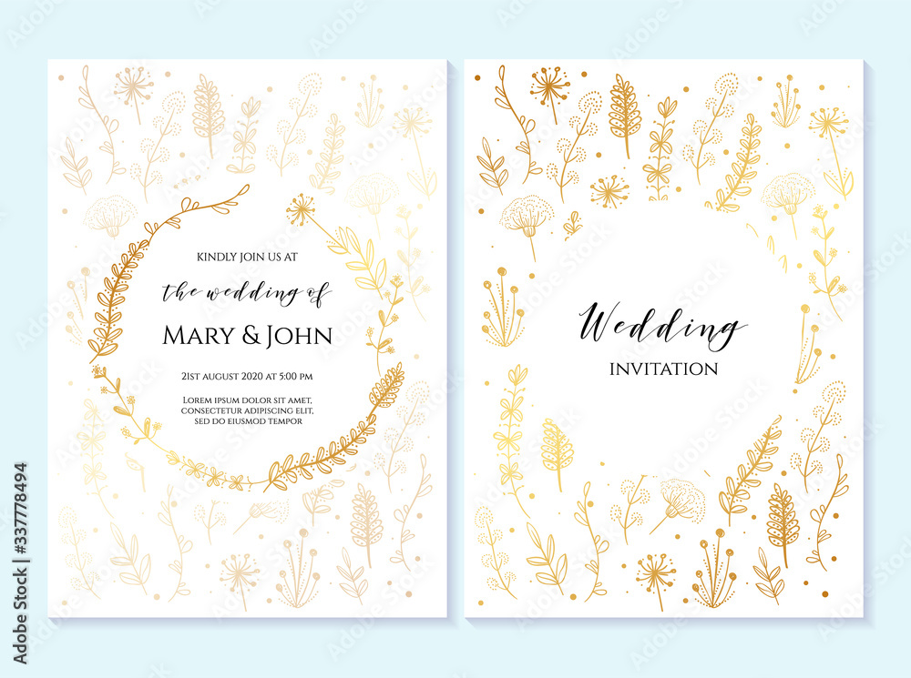 Rustic elegant wedding invitation template with gold flowers. Design layout for menu, greeting card, flyer, beauty, anniversary, baby shower, bridal boho element.
