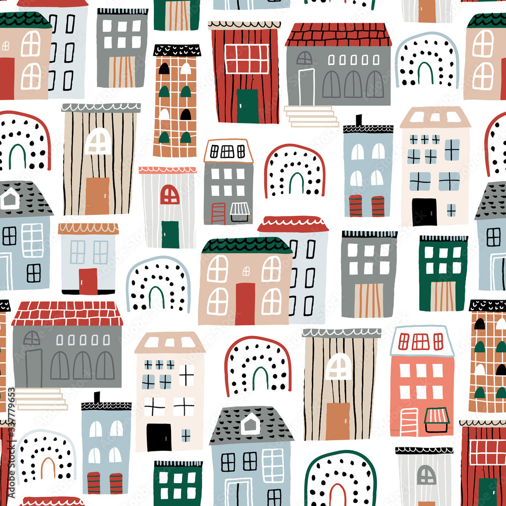 Seamless hand drawn pattern with abstract houses and rainbows. Trendy modern texture for fabric, wallpaper, textile, apparel. Vector illustration