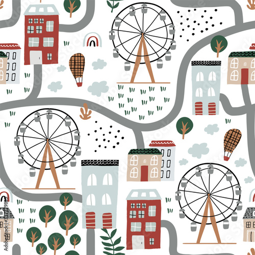Seamless pattern with abstract city life, houses, ferris wheel trees, cars and floral elements. Trendy modern texture for fabric, wallpaper, textile, apparel. Vector illustration