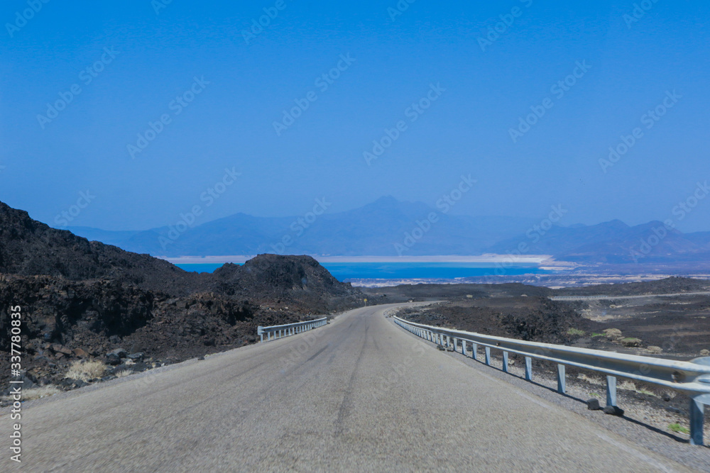 Tadjoura, Djibouti - November 09, 2019: Landscapes on the Road in the Tadjoura Gulf region